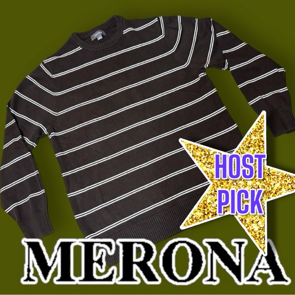 🎉HP!🎉 EUC Merona Brown and Cream Striped Crew Neck Sweater. Size Large